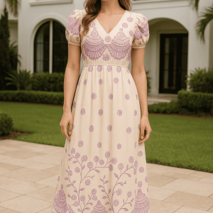 Vestido Midi Bordado Floral Lilás Elegance – Manga Curta e Decote V