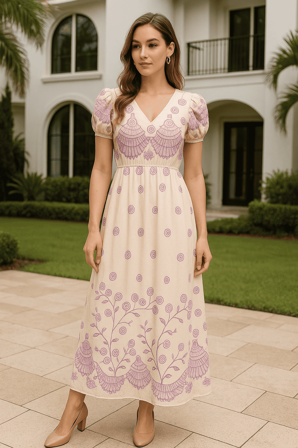 Vestido Midi Bordado Floral Lilás Elegance – Manga Curta e Decote V