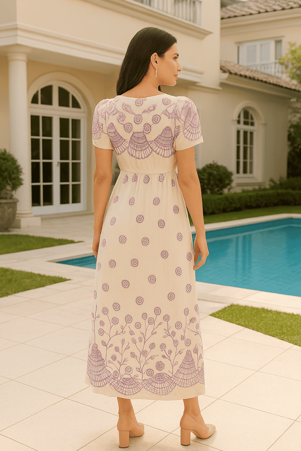 Vestido Midi Bordado Floral Lilás Elegance – Manga Curta e Decote V - Imagem 2