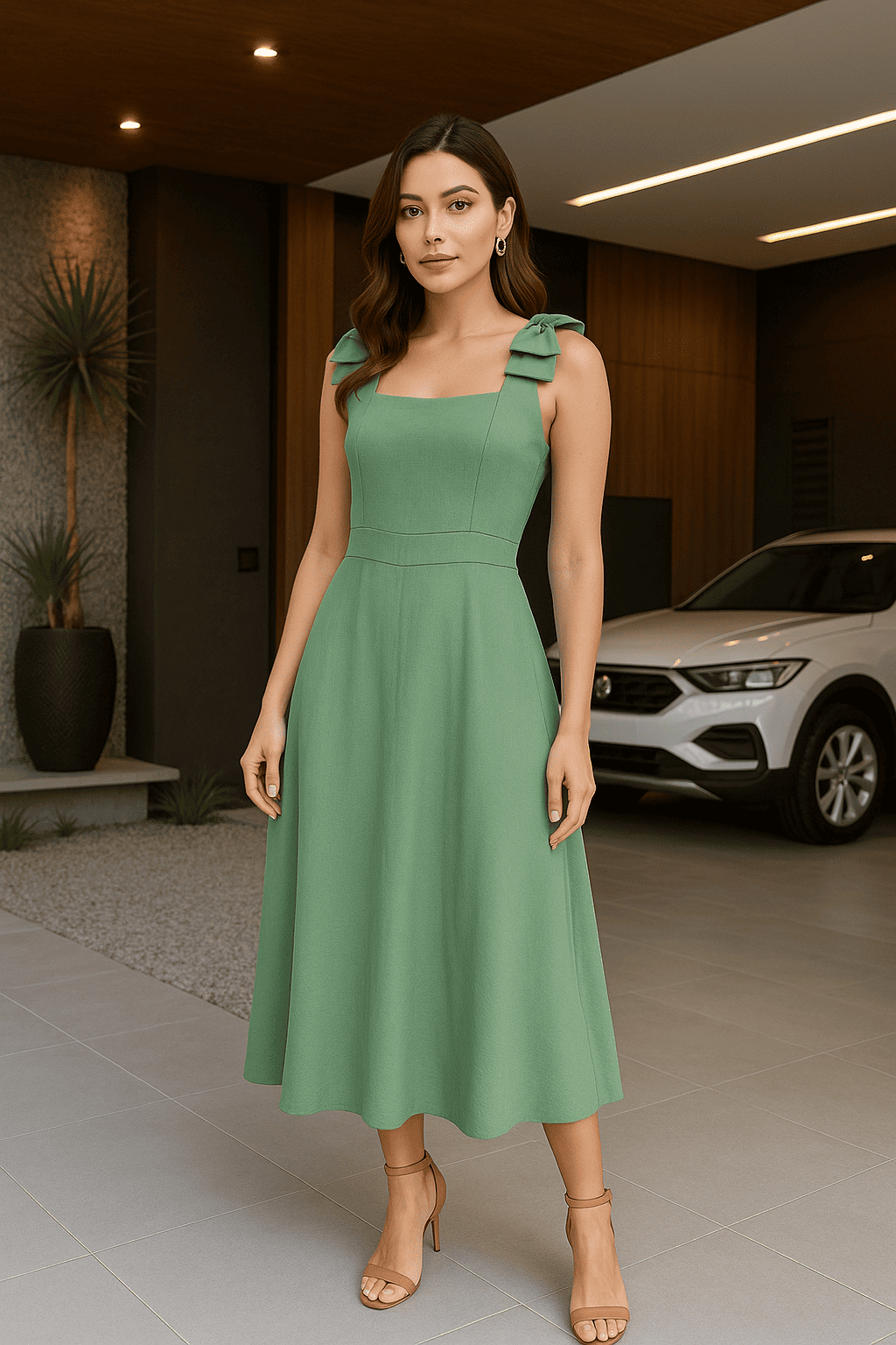 Vestido midi verde feminino frente