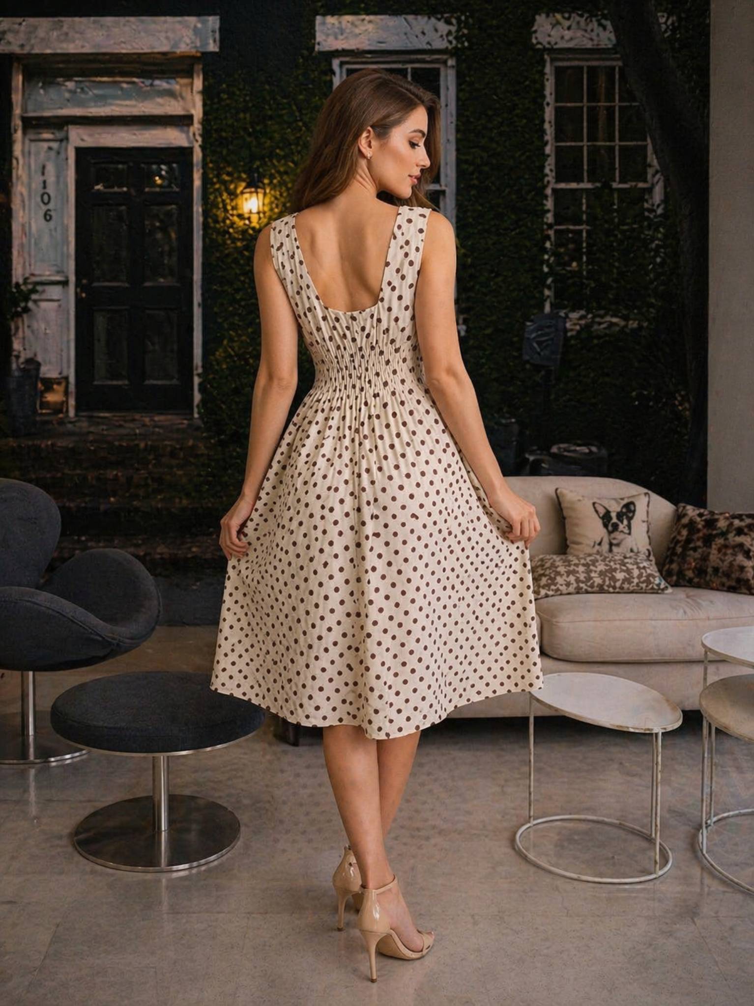 Vestido Midi Jeans Poá Bege com Cintura Marcada