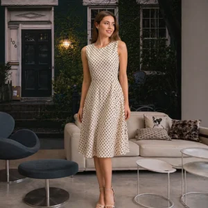 Vestido Midi Poá Bege com Cintura Marcada