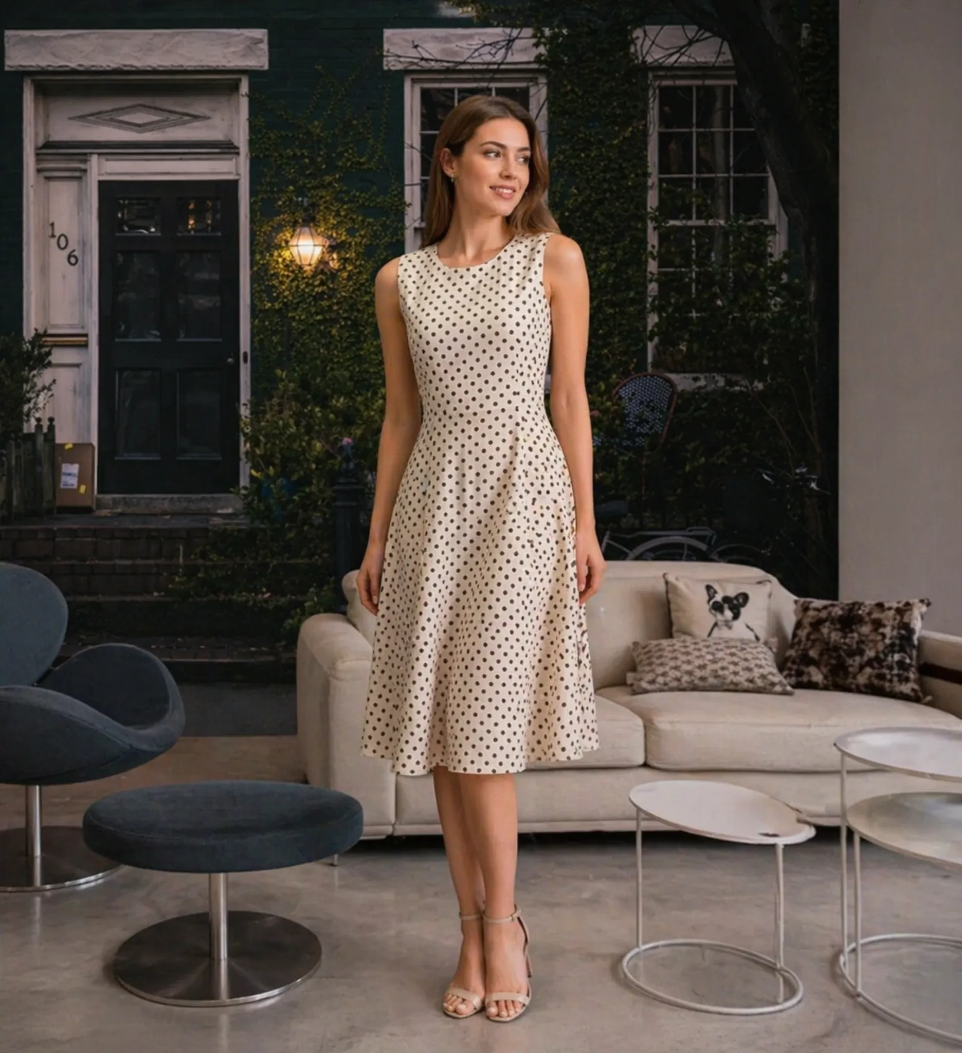 Vestido Midi Poá Bege com Cintura Marcada