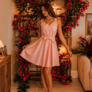 Vestido Curto Jeans Rosa com Botões e Faixa na Cintura
