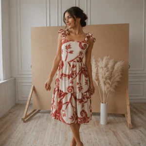 Vestido midi floral vermelho feminino com alças de amarração - frente