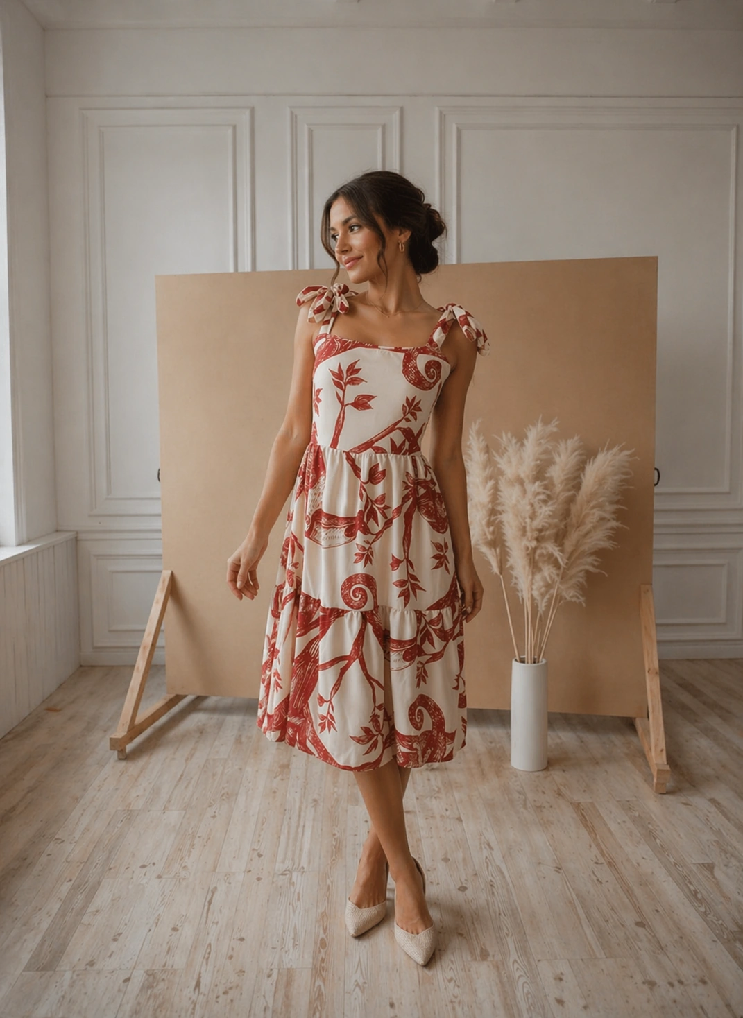 Vestido midi floral vermelho feminino com alças de amarração - frente