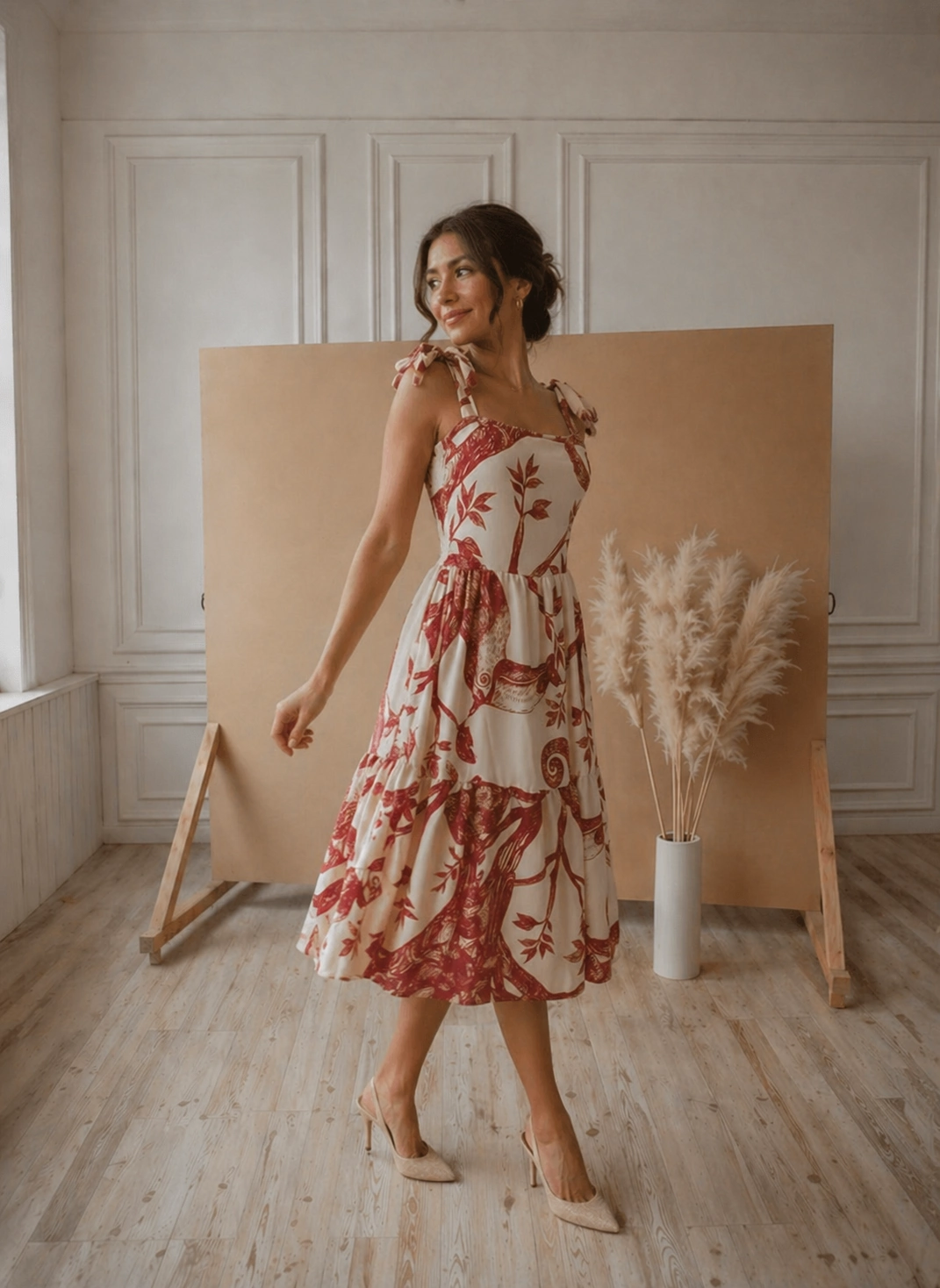 Vestido Midi Estampado Floral Vermelho com Alças de Amarração - Imagem 3