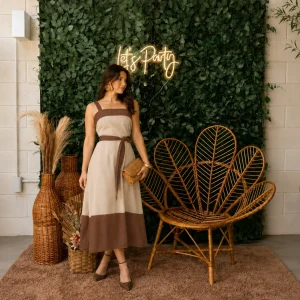 Vestido Midi Bicolor Bege e Marrom com Faixa – Elegância Natural