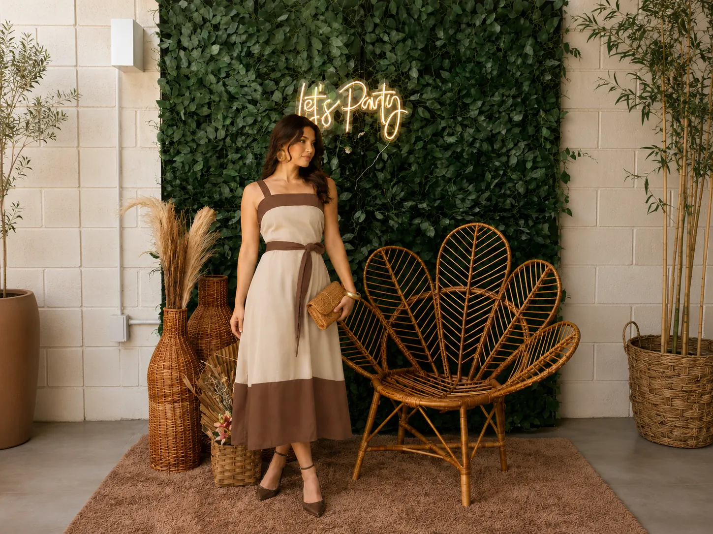 Vestido Midi Bicolor Bege e Marrom com Faixa – Elegância Natural