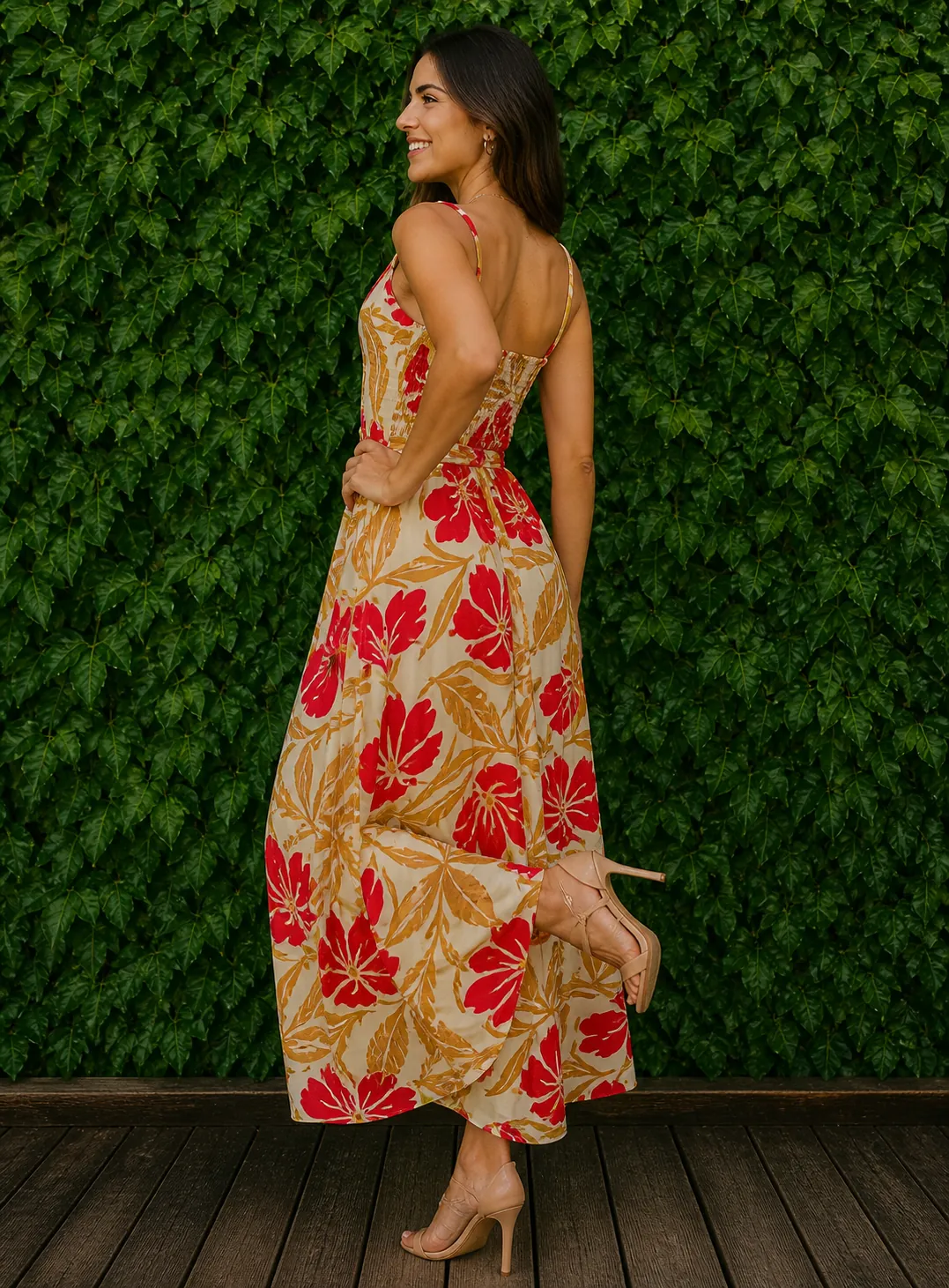 Vestido Midi Estampado Floral com Amarração na Cintura e Costas em Lastex - Imagem 4