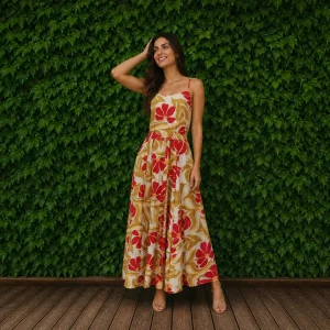 Vestido Midi Estampado Floral com Amarração na Cintura e Costas em Lastex